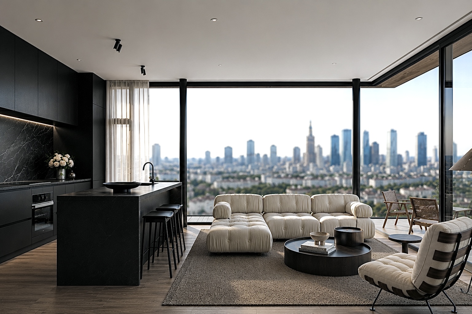 Warsaw penthouse living room at golden hour